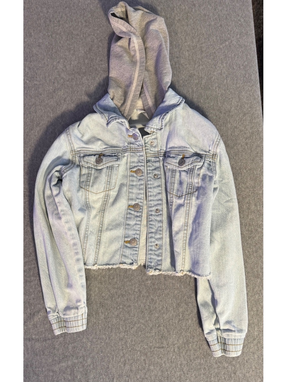Cat and Jack girls light wash denim jacket with gray hood size XL 14 16